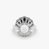 Radiant Floral Bloom Pearl Ring in High-Polish Rhodium Finish