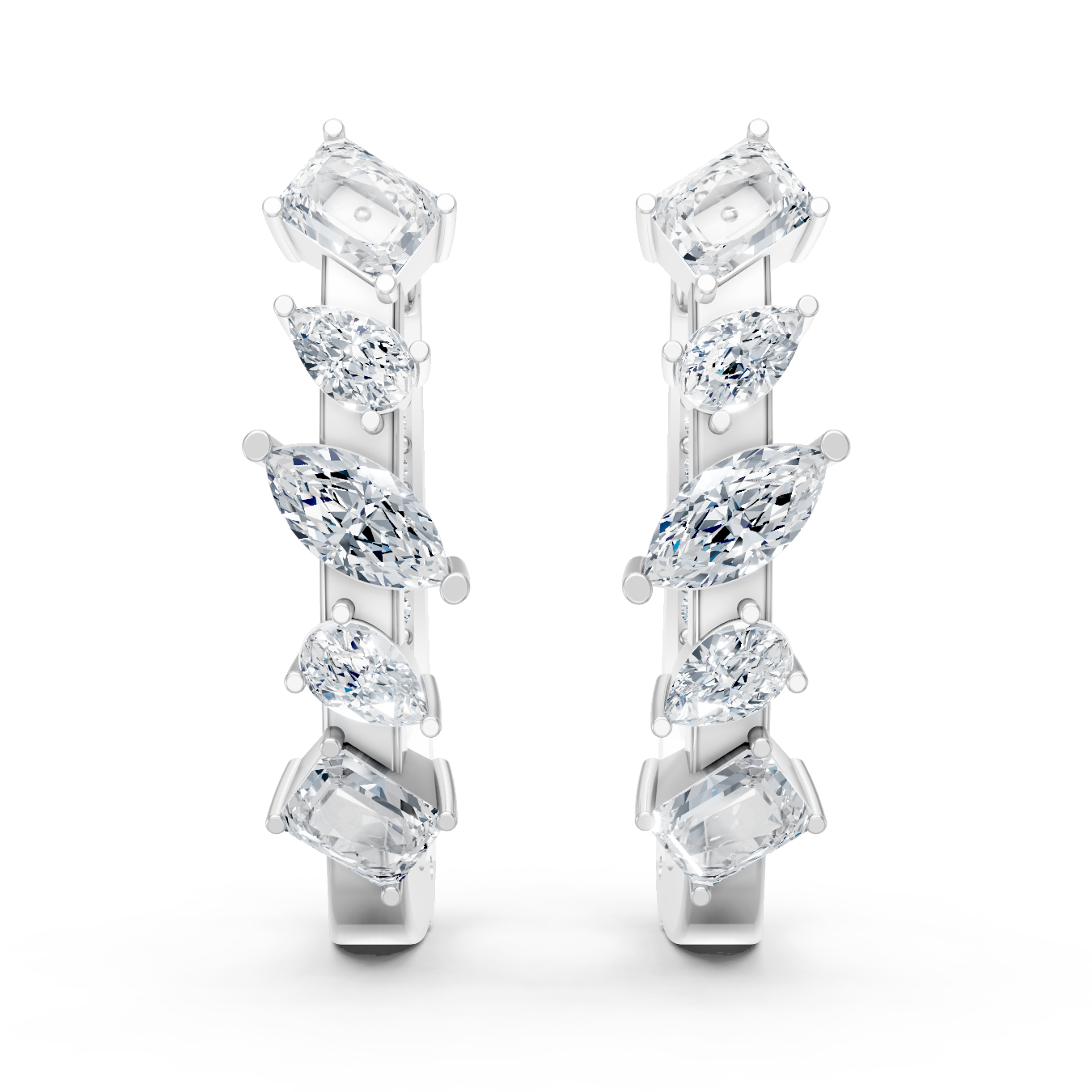 Luxury Multi-Shape Moissanite Hoop Earrings – White Gold Finish