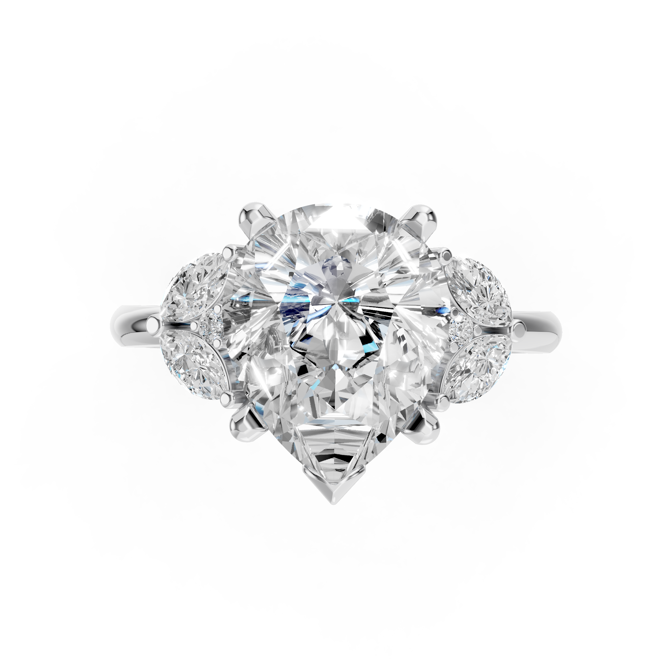 Pear Cut Moissanite Ring with Marquise Side Diamonds in Premium White Gold