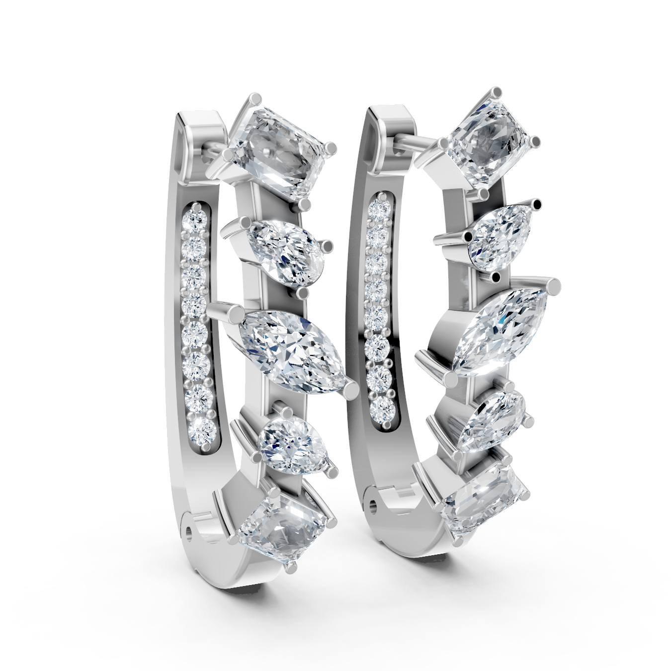 Luxury Multi-Shape Moissanite Hoop Earrings – White Gold Finish