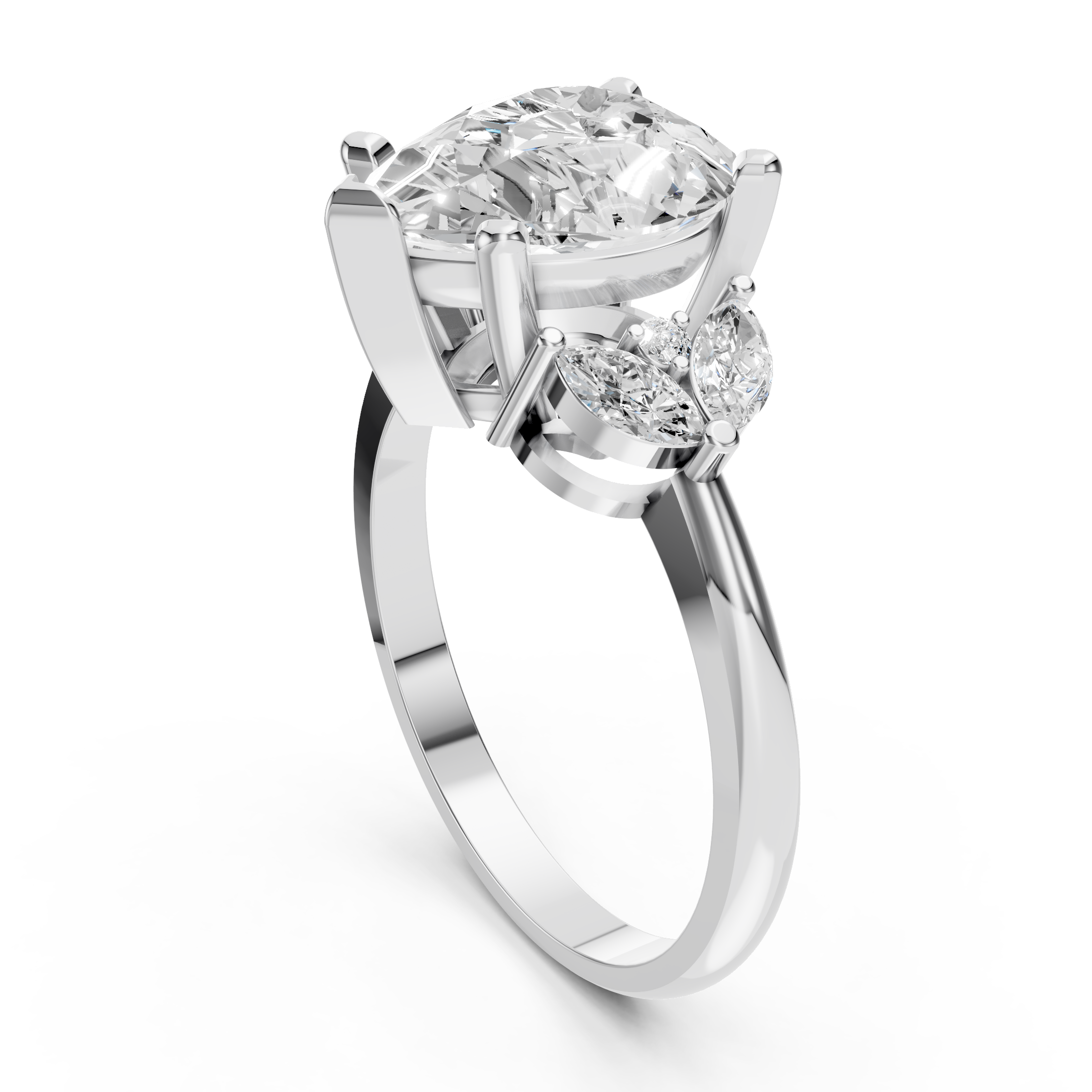 Pear Cut Moissanite Ring with Marquise Side Diamonds in Premium White Gold
