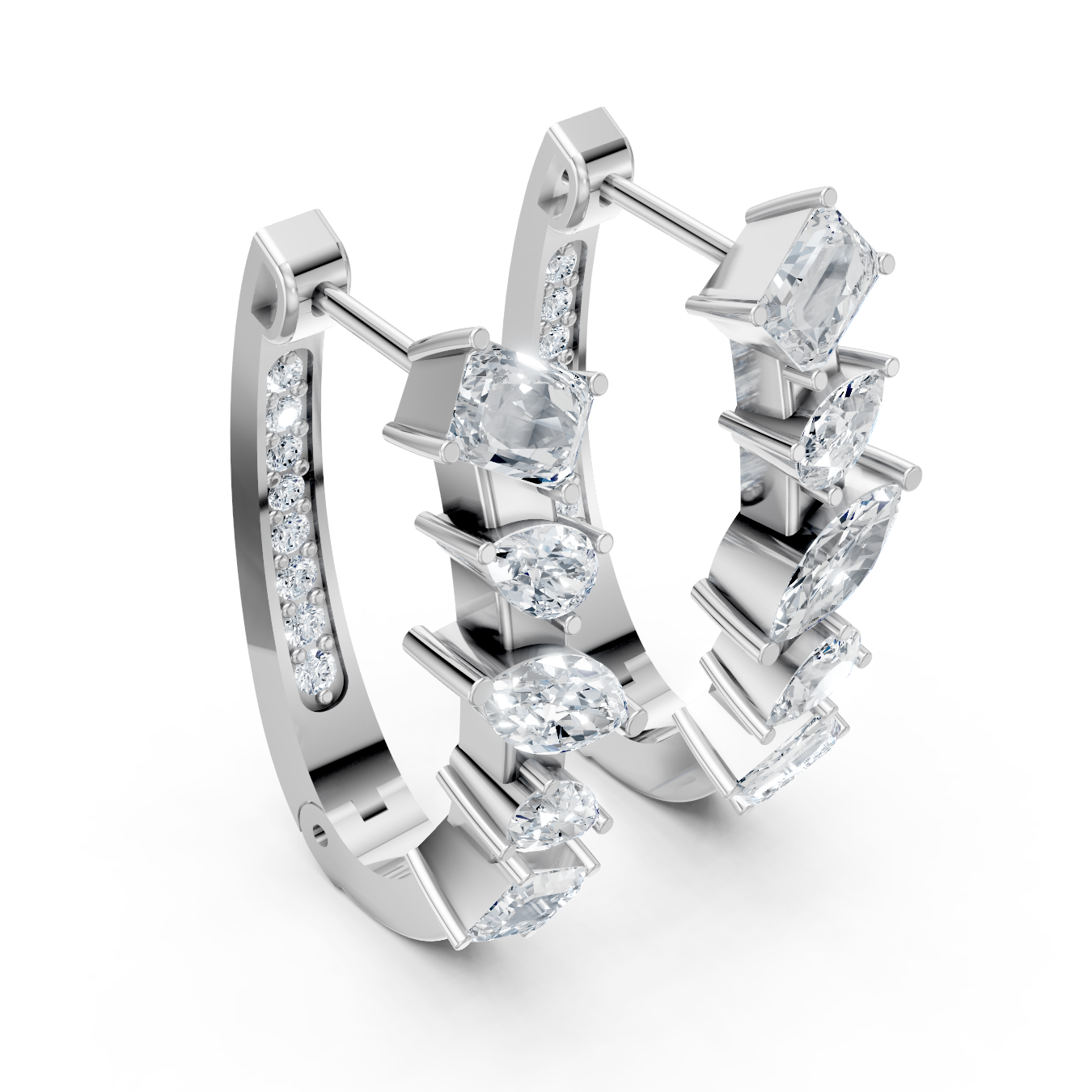 Luxury Multi-Shape Moissanite Hoop Earrings – White Gold Finish