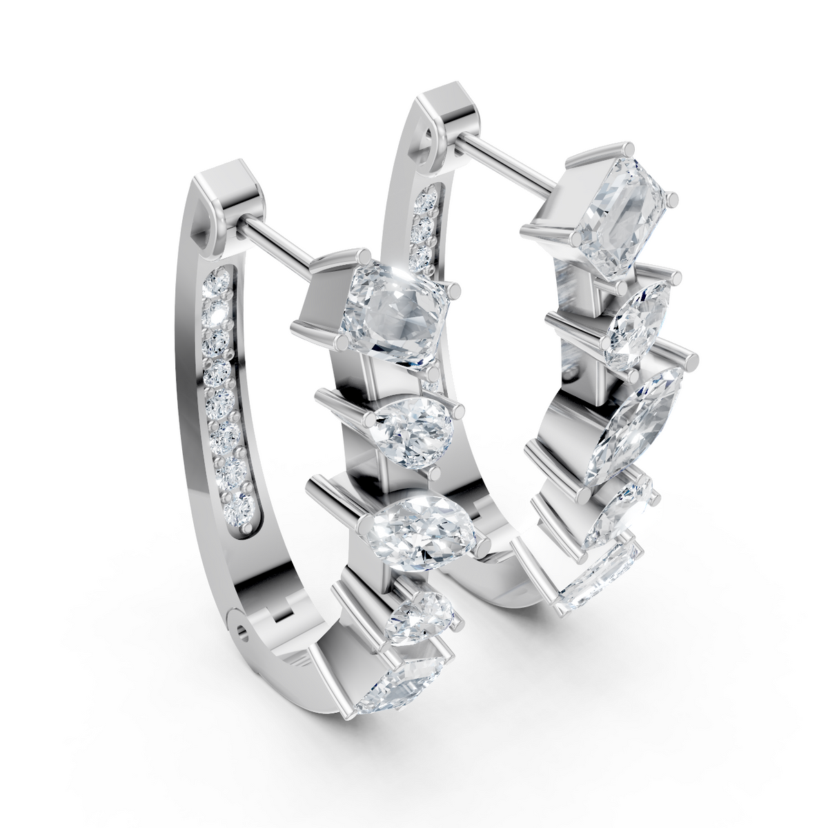 Luxury Multi-Shape Moissanite Hoop Earrings – White Gold Finish