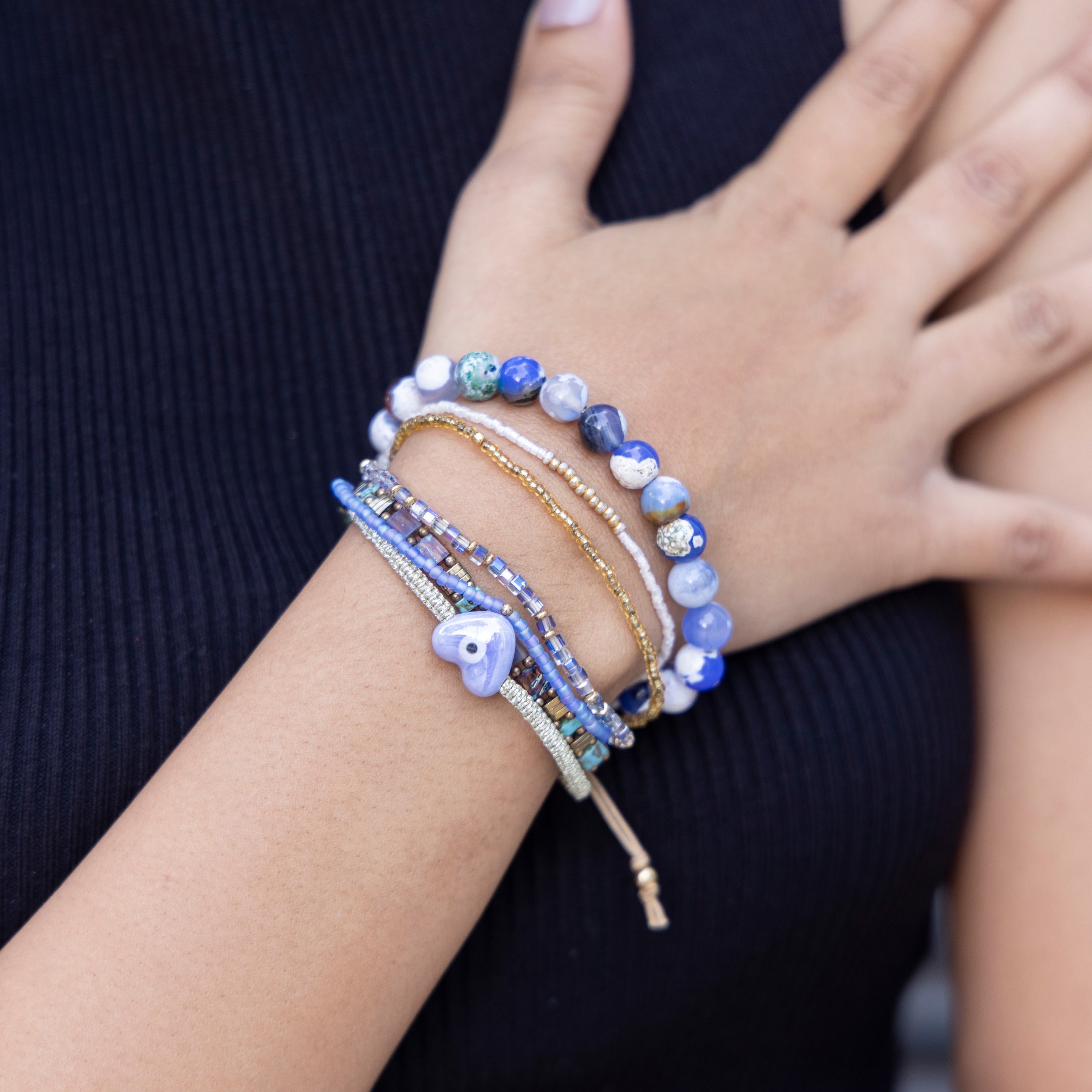 Blue Agate Stone Japanese Glass Bead Bracelet Set – Handmade