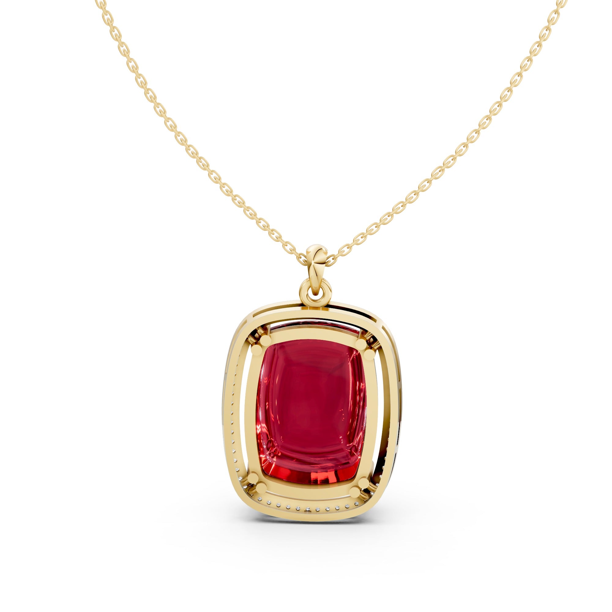 Royal Ruby Cushion Cabochon Pendant Necklace – 18K Gold-Plated with Moissanite Diamonds Halo
