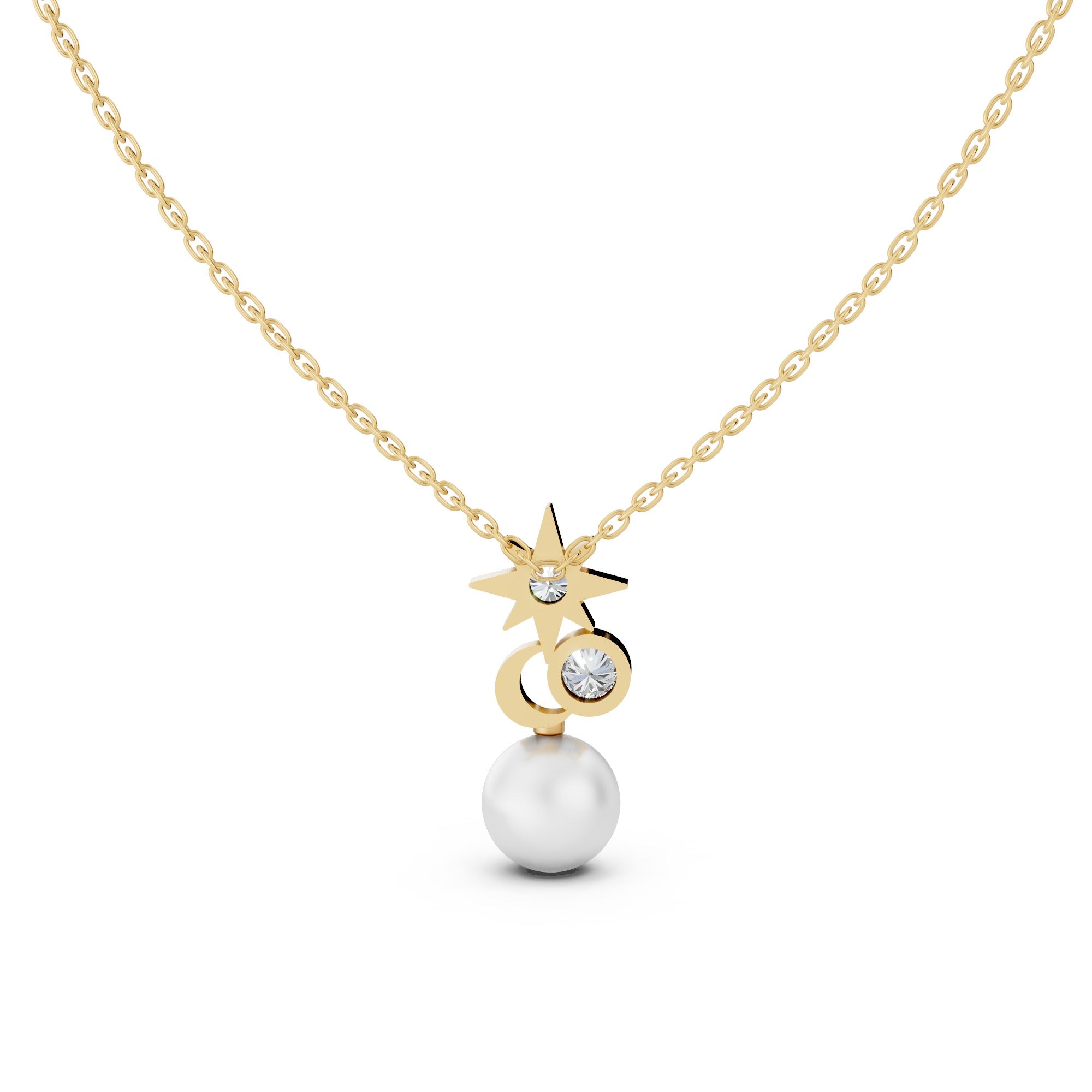 Celestial Star & Moon Pearl Pendant in 18K Gold Plating