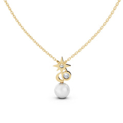 Celestial Star & Moon Pearl Pendant in 18K Gold Plating