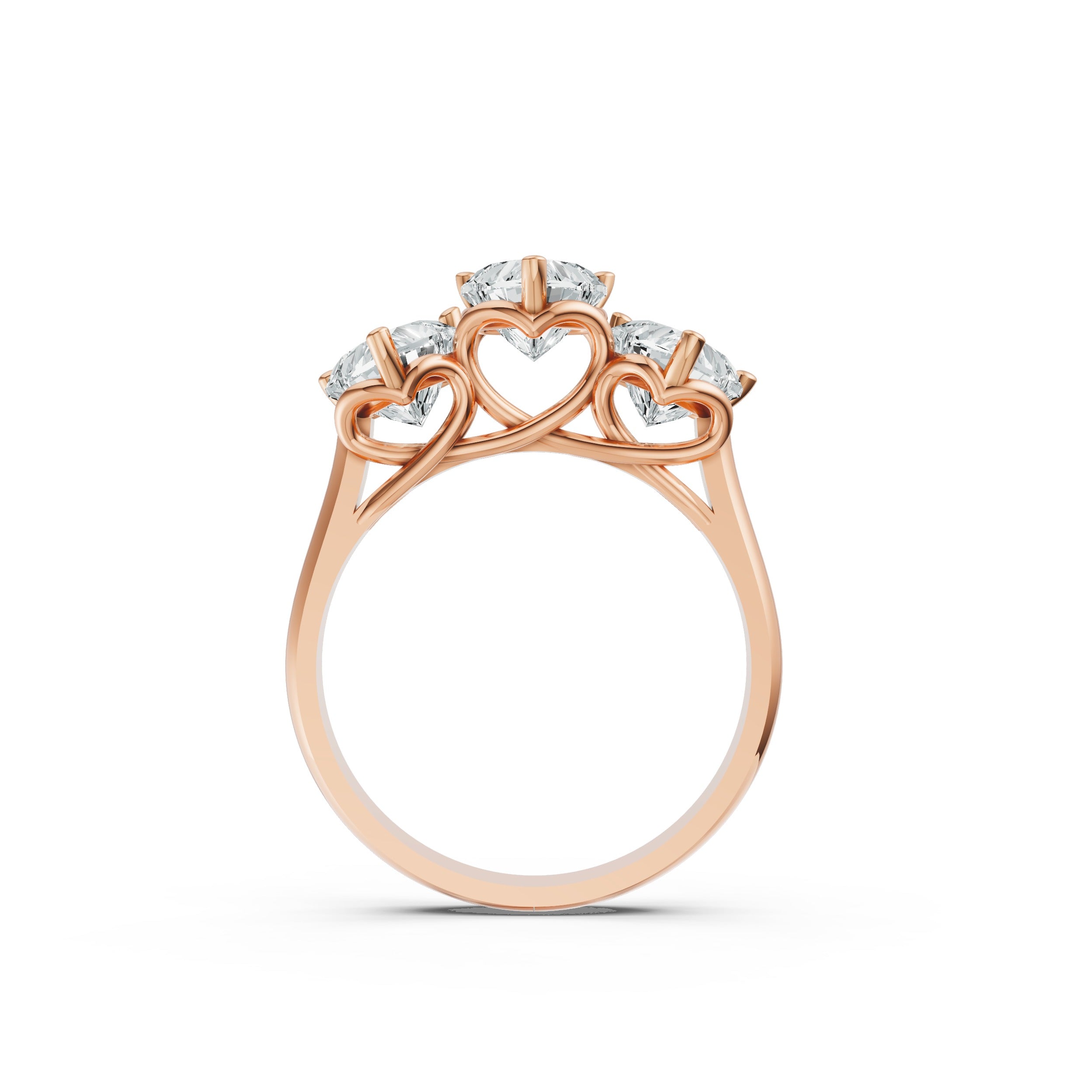 Trilogy Heart Cut Moissanite Diamond Ring in Rose Gold