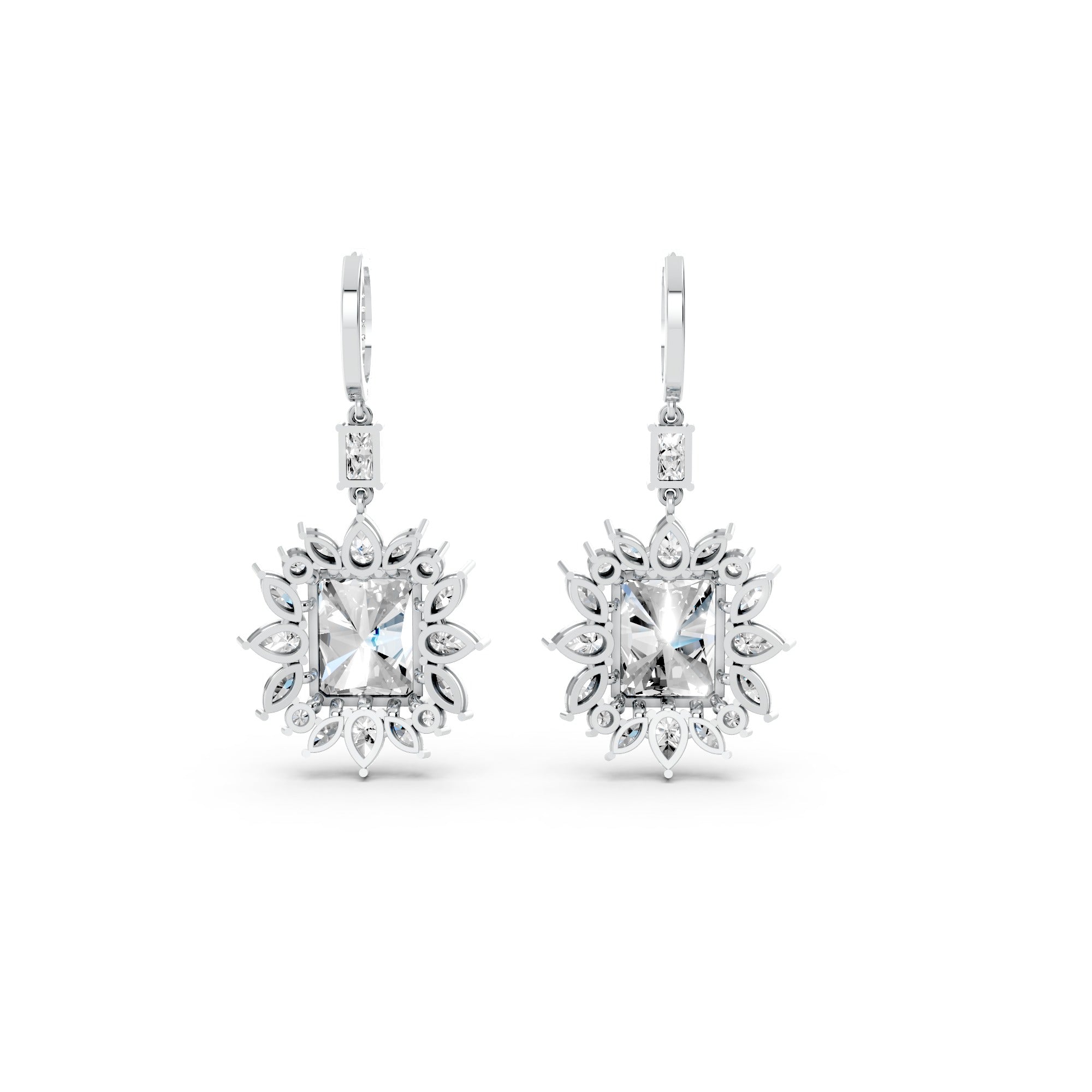 Radiant Emerald-Cut Halo Drop Earrings in Sterling Silver | Statement Bridal & Party Wear Danglers