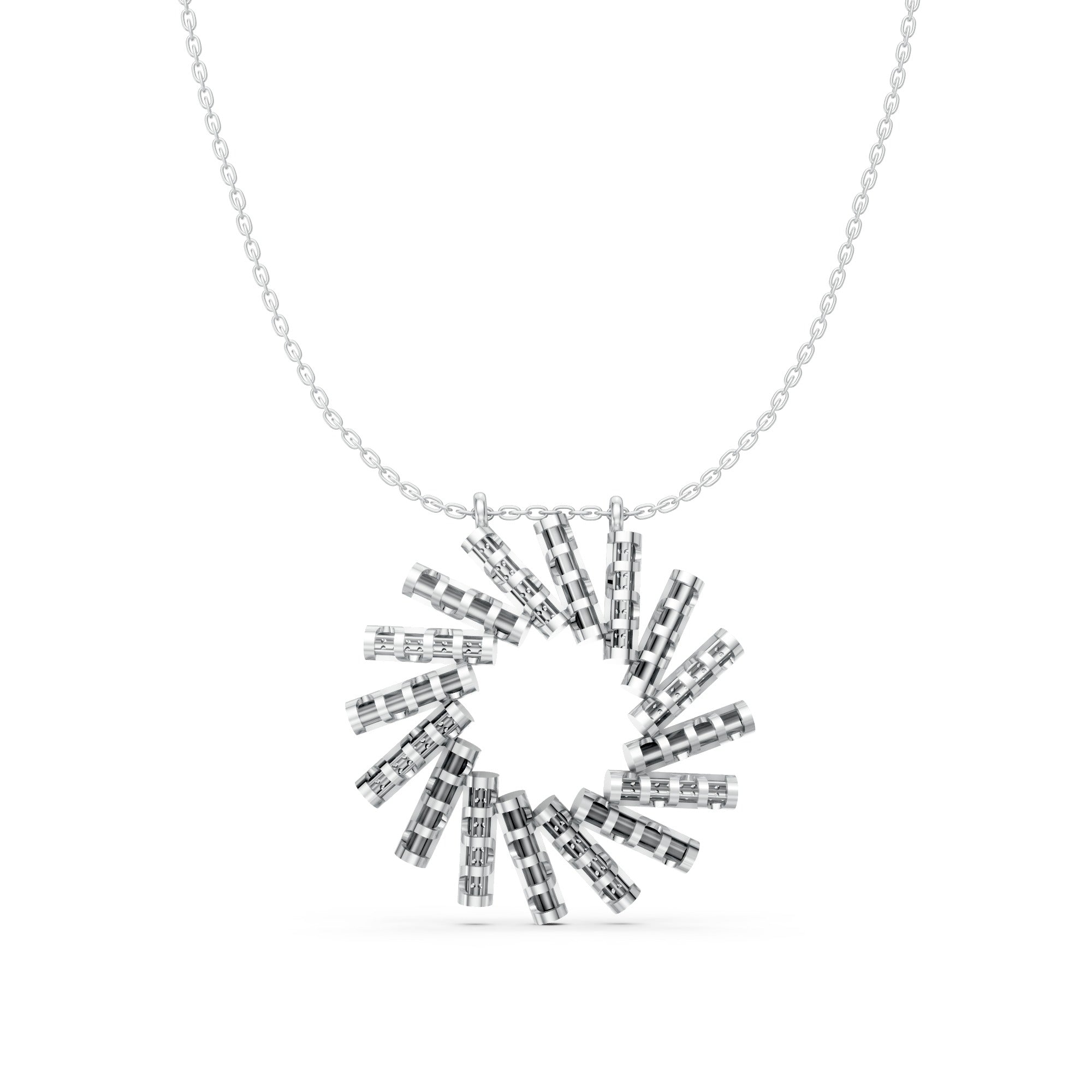 Silver Radiant Sunburst Pendant Necklace – Modern Cylinder Cluster Design