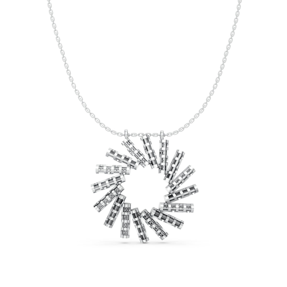 Silver Radiant Sunburst Pendant Necklace – Modern Cylinder Cluster Design