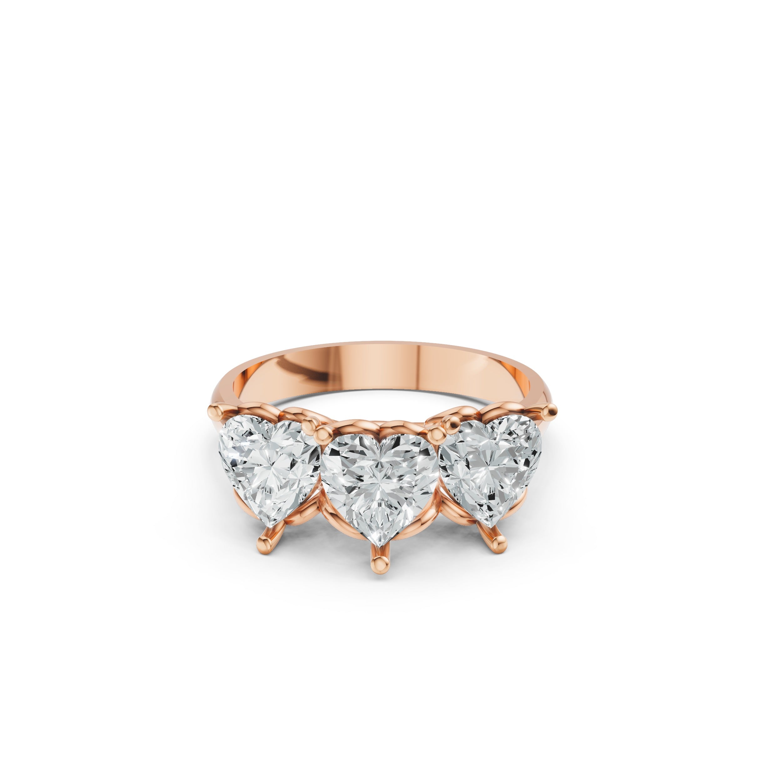 Trilogy Heart Cut Moissanite Diamond Ring in Rose Gold