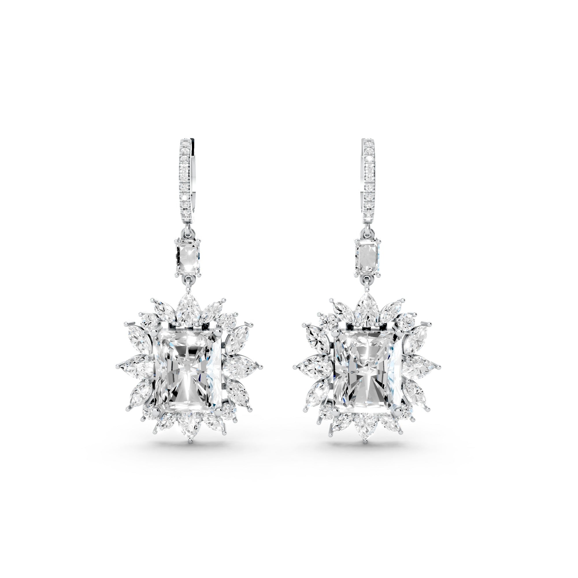 Radiant Emerald-Cut Halo Drop Earrings in Sterling Silver | Statement Bridal & Party Wear Danglers