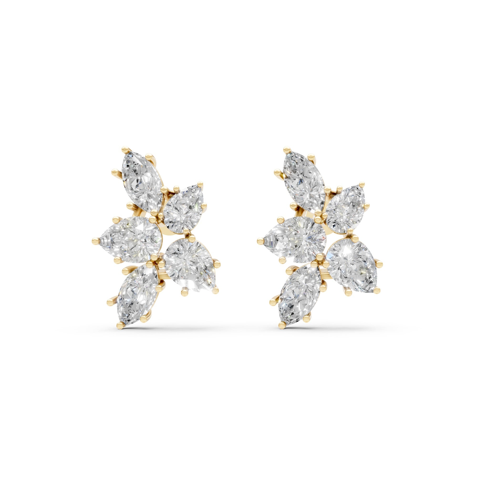 Marquise & Pear Cluster Floral Stud Earrings – 18K Gold-Plated Moissanite Diamonds Earrings