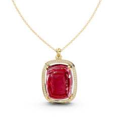 Royal Ruby Cushion Cabochon Pendant Necklace – 18K Gold-Plated with Moissanite Diamonds Halo