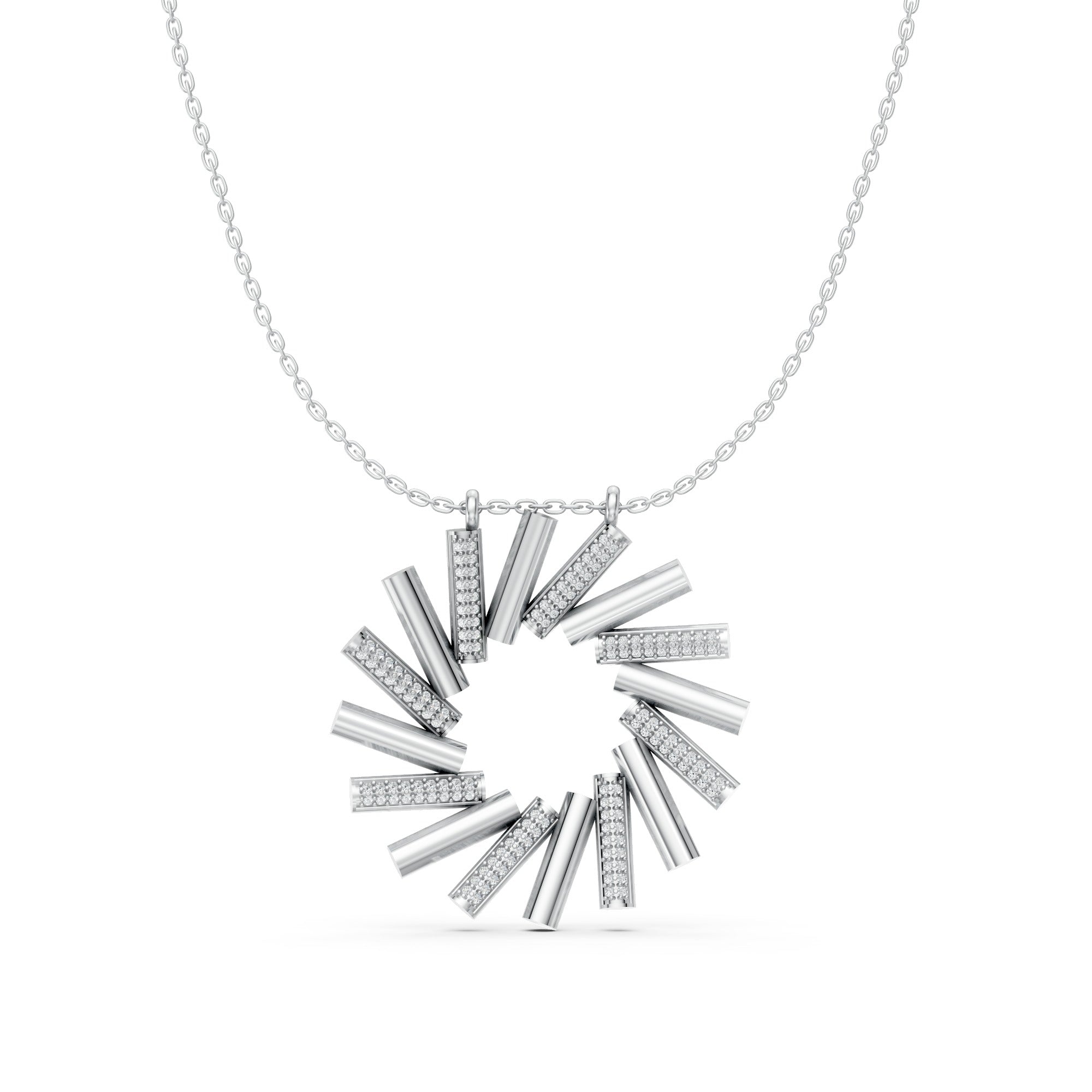 Silver Radiant Sunburst Pendant Necklace – Modern Cylinder Cluster Design