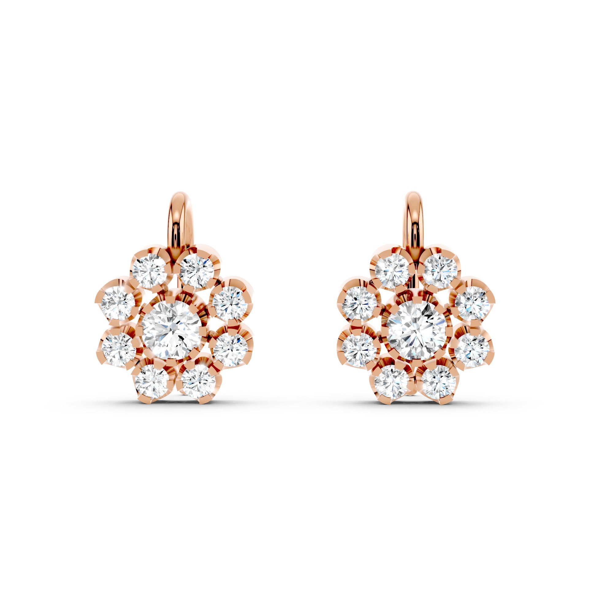 Rose Gold Floral Cluster Moissanite Diamond Stud Earrings – Halo Flower Design