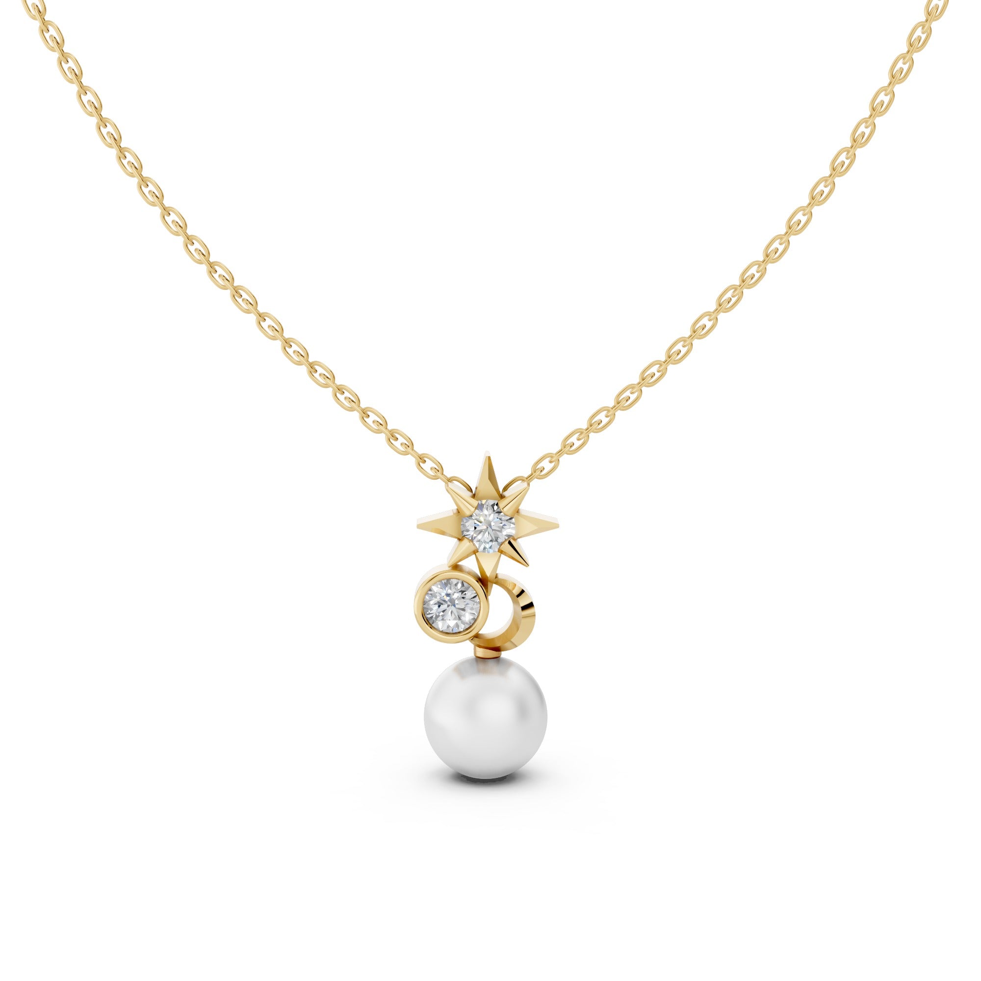 Celestial Star & Moon Pearl Pendant in 18K Gold Plating