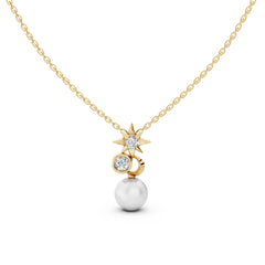 Celestial Star & Moon Pearl Pendant in 18K Gold Plating