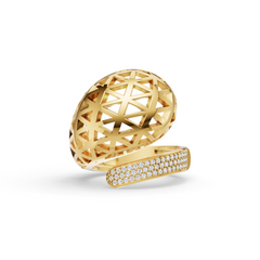 Gold Artistic Wrap Ring with Cutwork Dome & Moissanite Diamonds Pavé Band