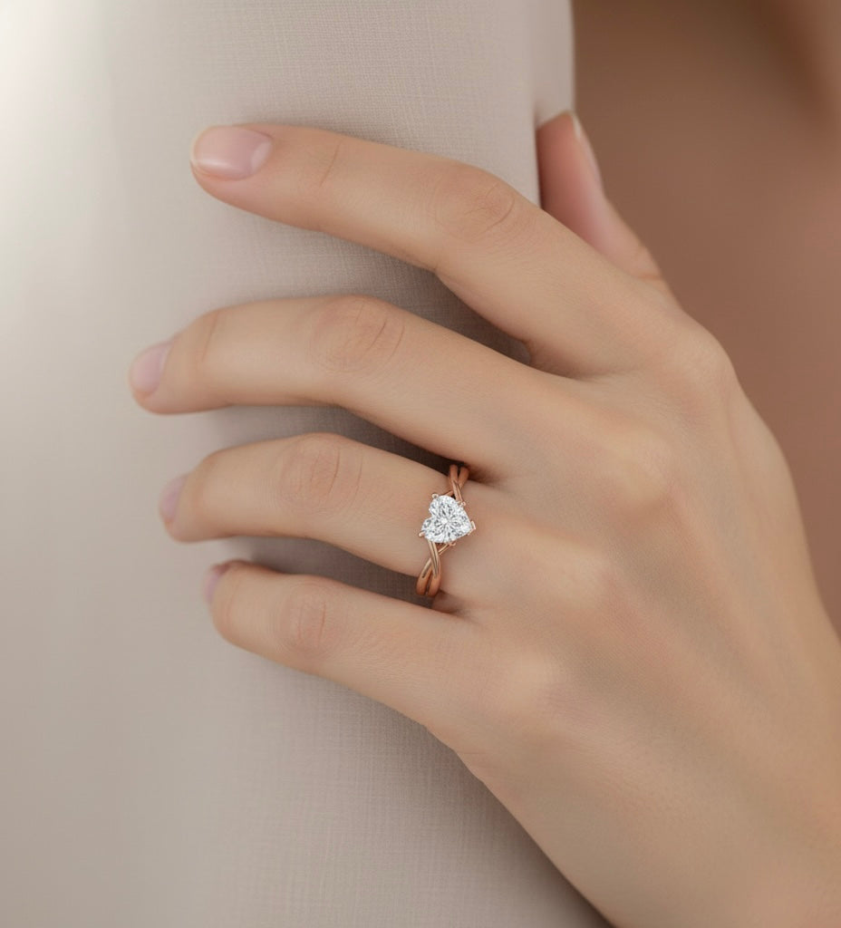 Rose Gold Plated Heart-Cut Solitaire Ring with Twisted Band Design
