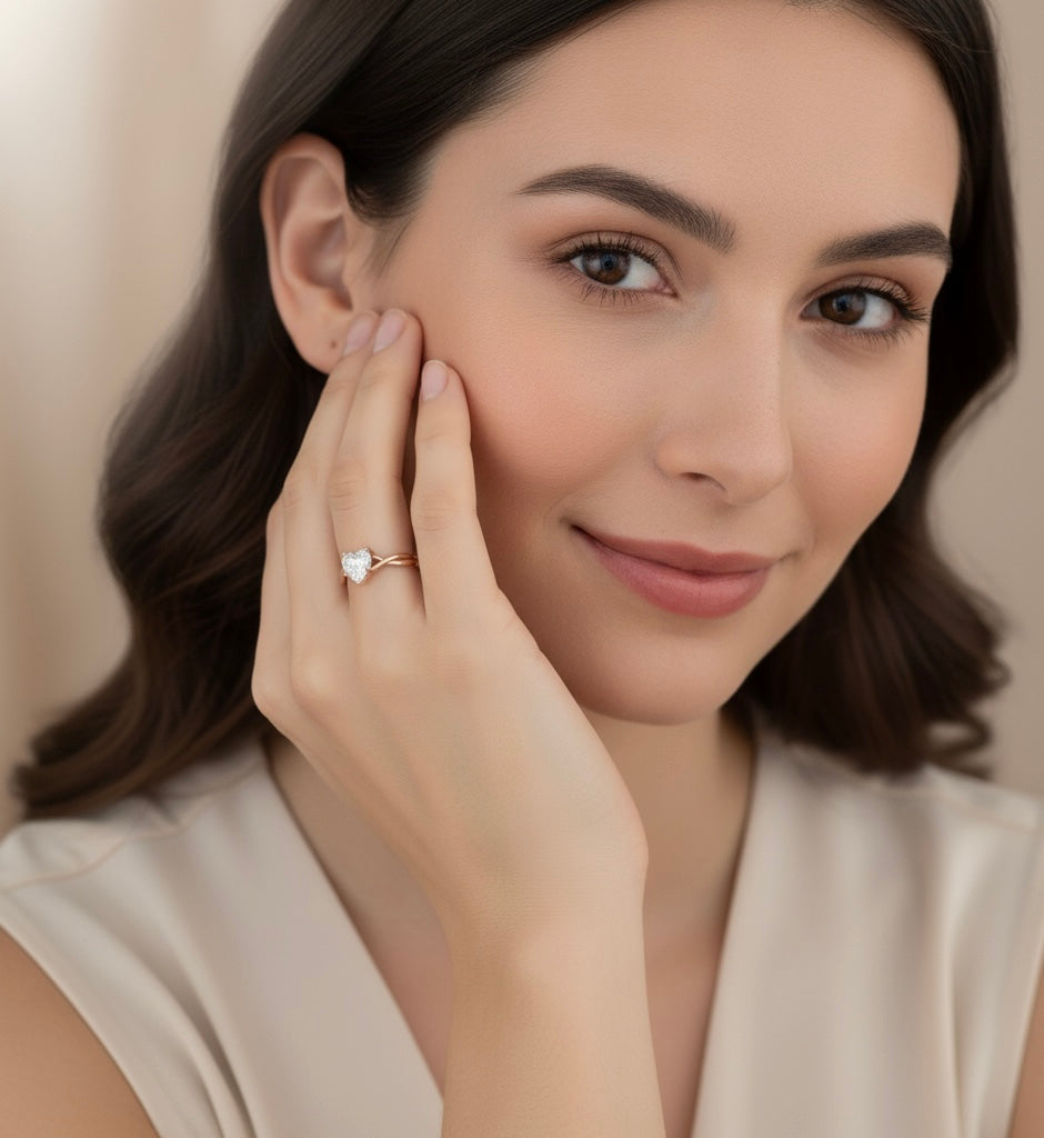Rose Gold Plated Heart-Cut Solitaire Ring with Twisted Band Design
