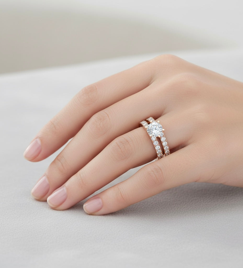 18k Rose Gold Plated Double-Row Solitaire Moissanite Diamond Ring for Women