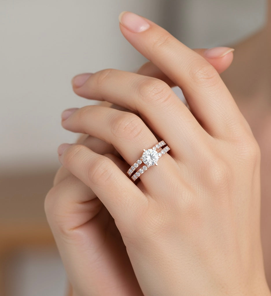 18k Rose Gold Plated Double-Row Solitaire Moissanite Diamond Ring for Women