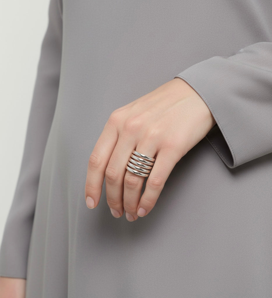 Modern Multi-Band Cuff Ring in High-Polish Rhodium Finish