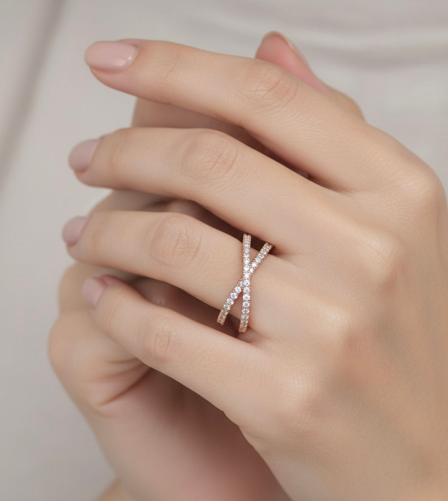 18k Rose Gold Plated X-Shaped Pave Moissanite Diamond Band Ring for Women
