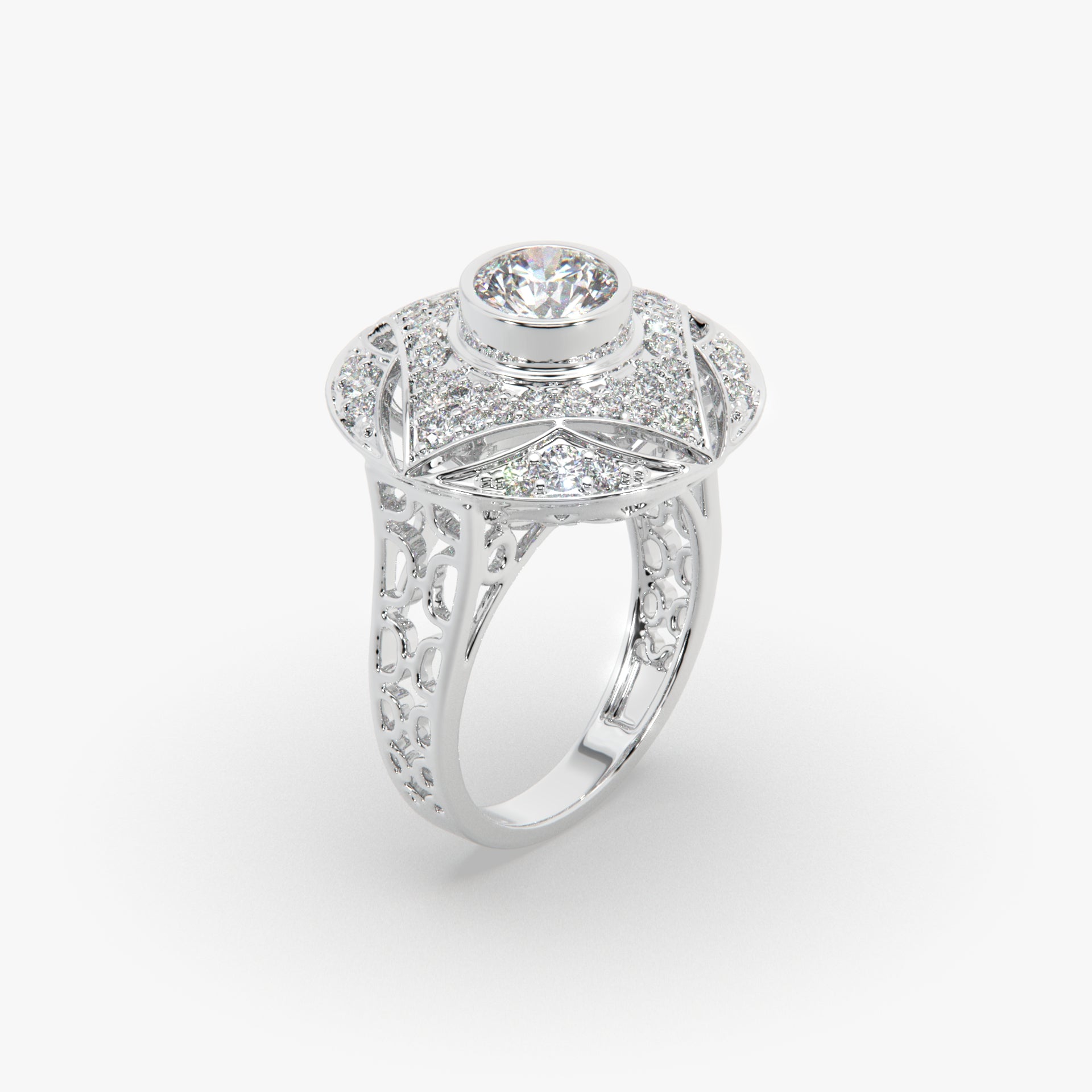Sstringz Grand Regal Moissanite Diamond Dome Cocktail Ring – Pavé Halo Statement Ring for Women