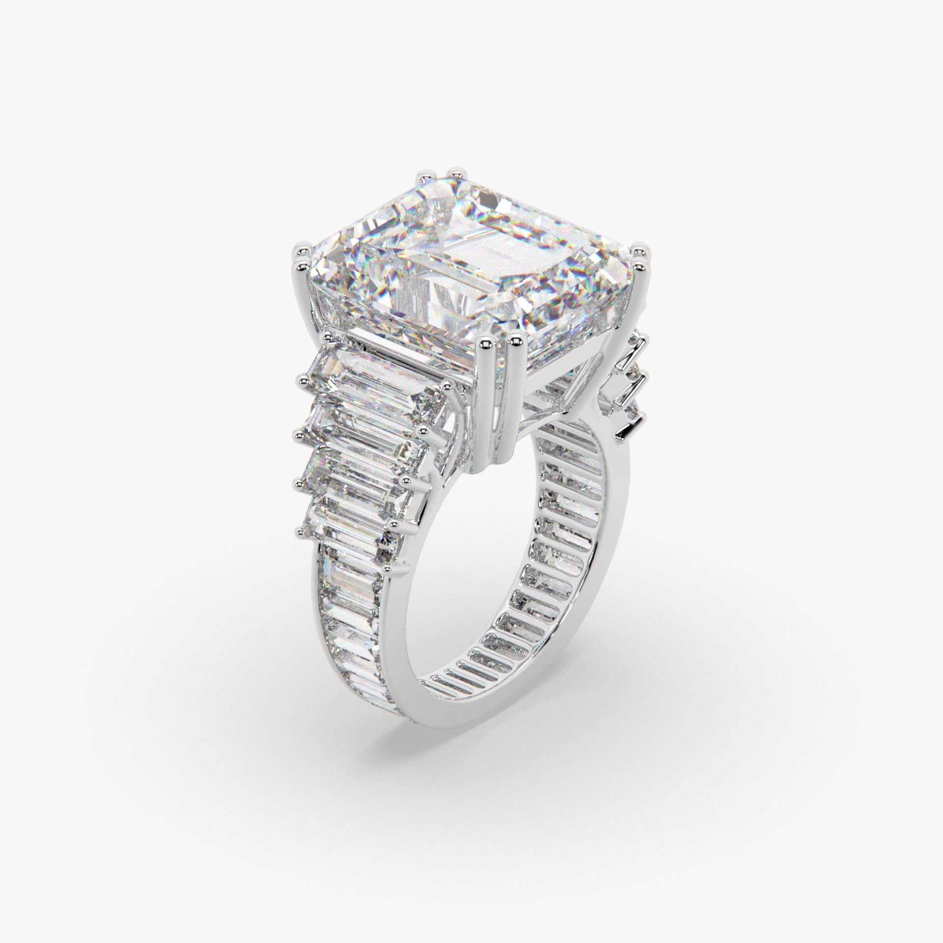 Emerald-Cut Solitaire Luxe Baguette Pavilion Statement Ring