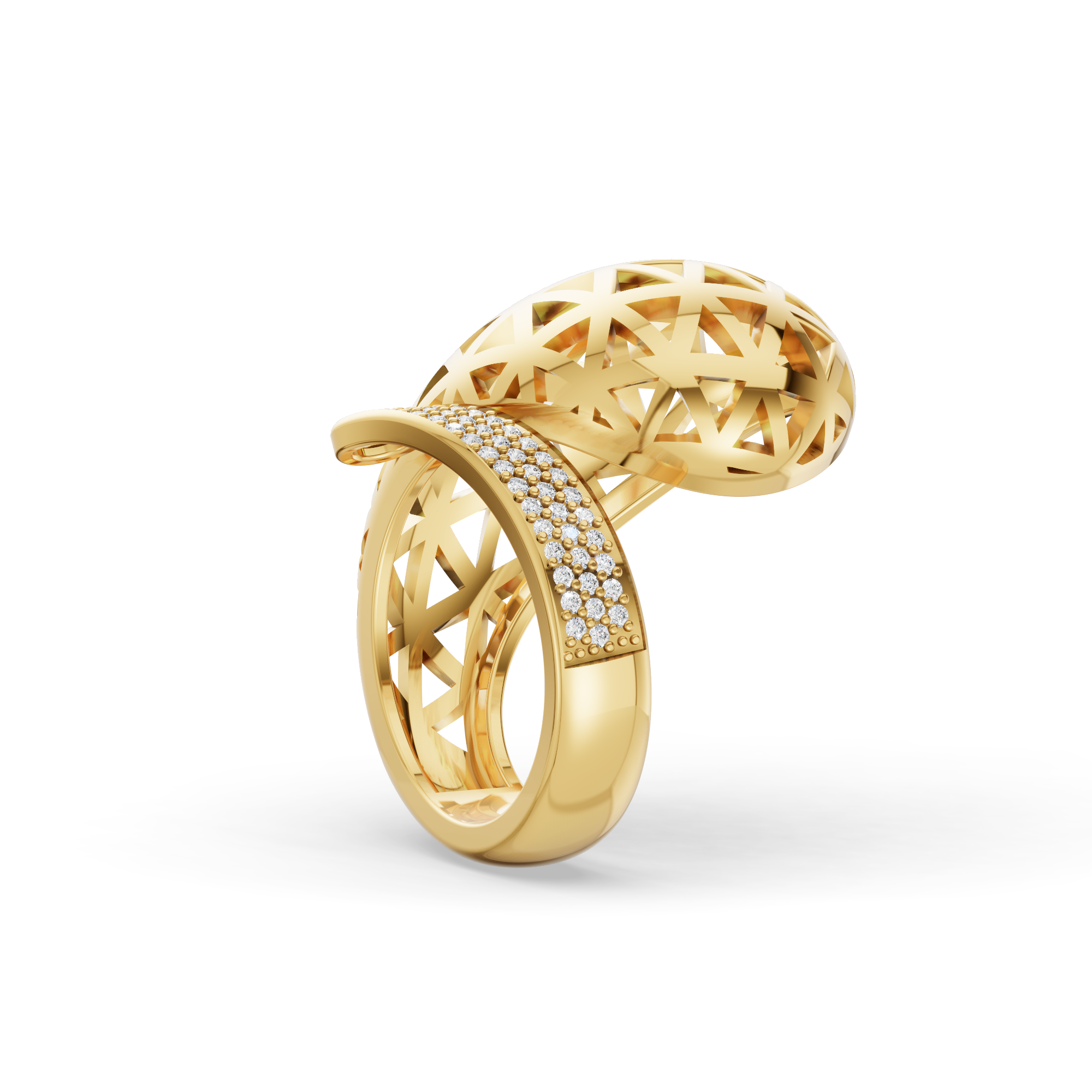 Gold Artistic Wrap Ring with Cutwork Dome & Moissanite Diamonds Pavé Band