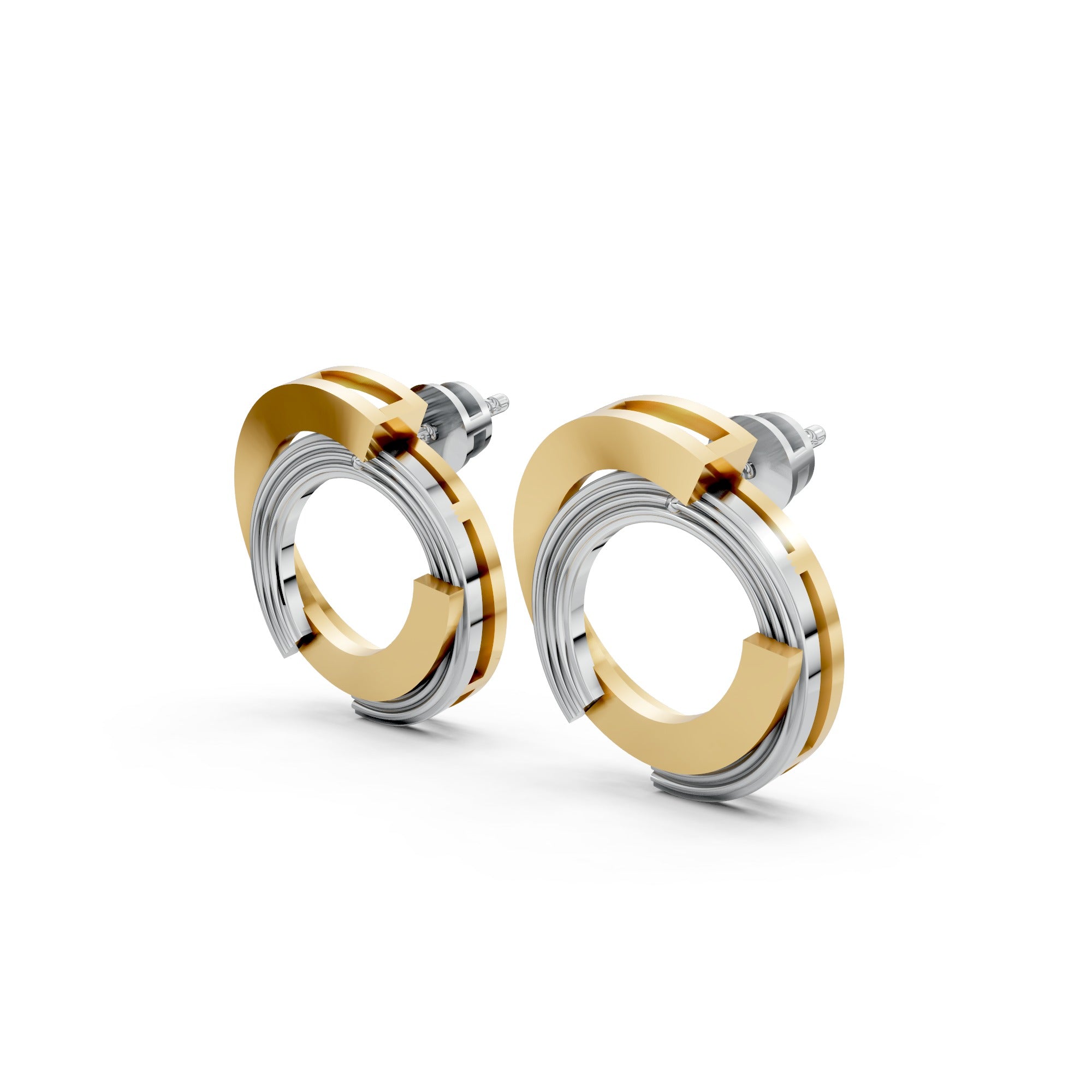 Dual-Tone Modern Spiral Circle Stud Earrings – 18K Gold Polish
