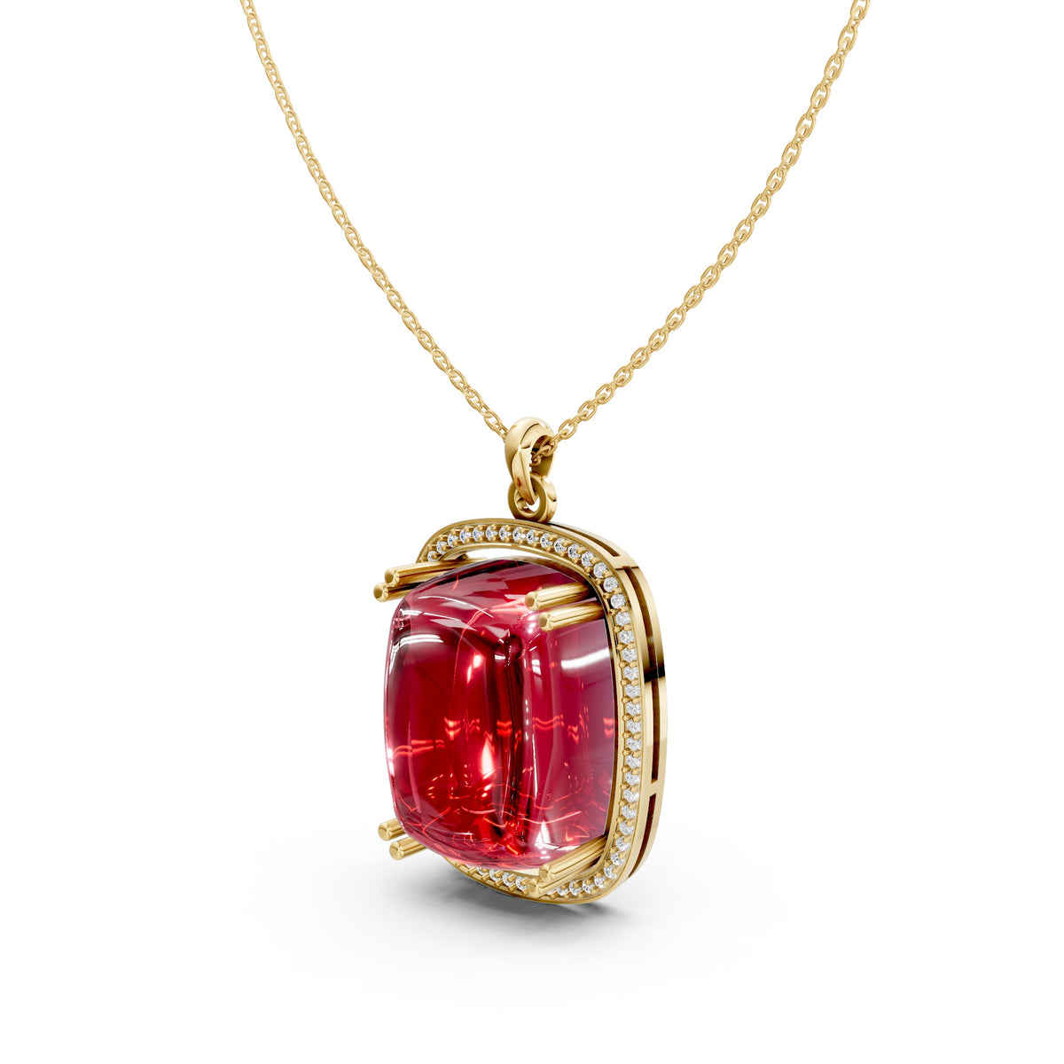 Royal Ruby Cushion Cabochon Pendant Necklace – 18K Gold-Plated with Moissanite Diamonds Halo