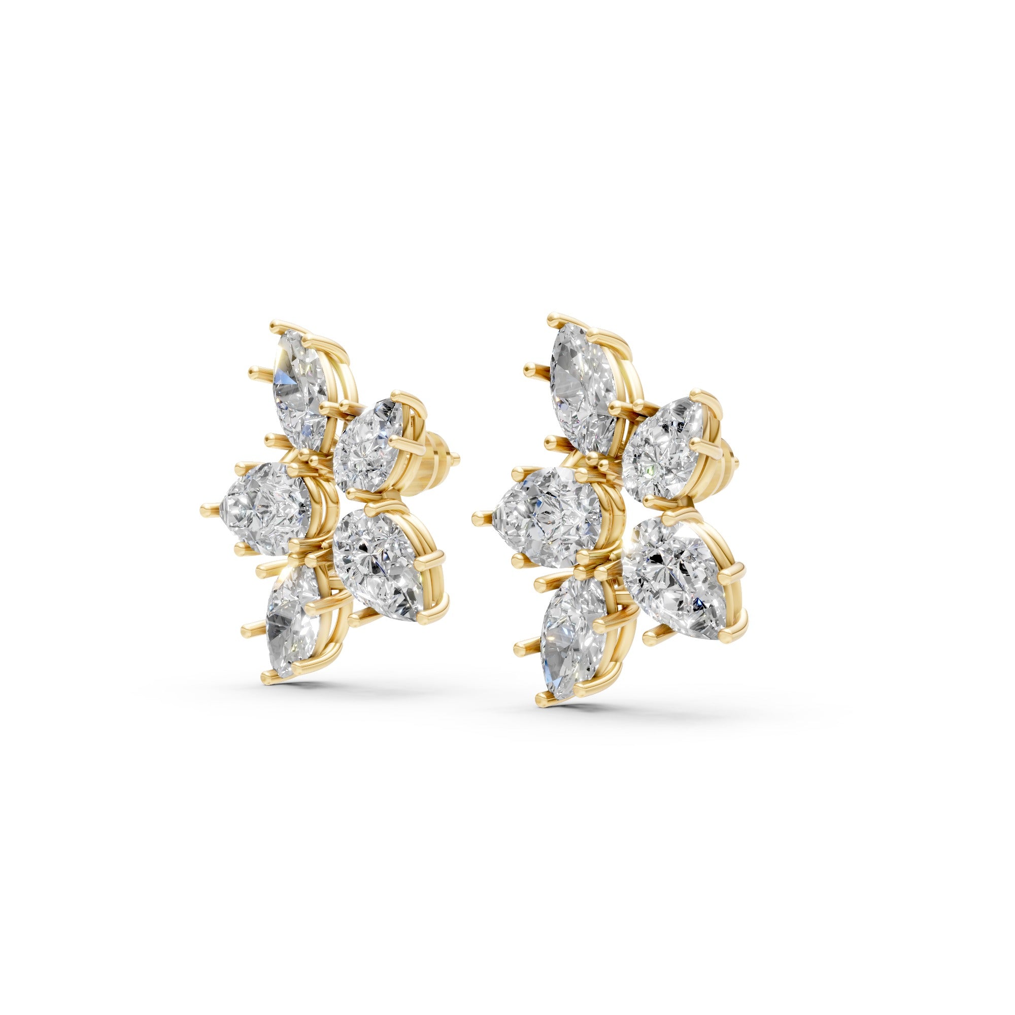 Marquise & Pear Cluster Floral Stud Earrings – 18K Gold-Plated Moissanite Diamonds Earrings