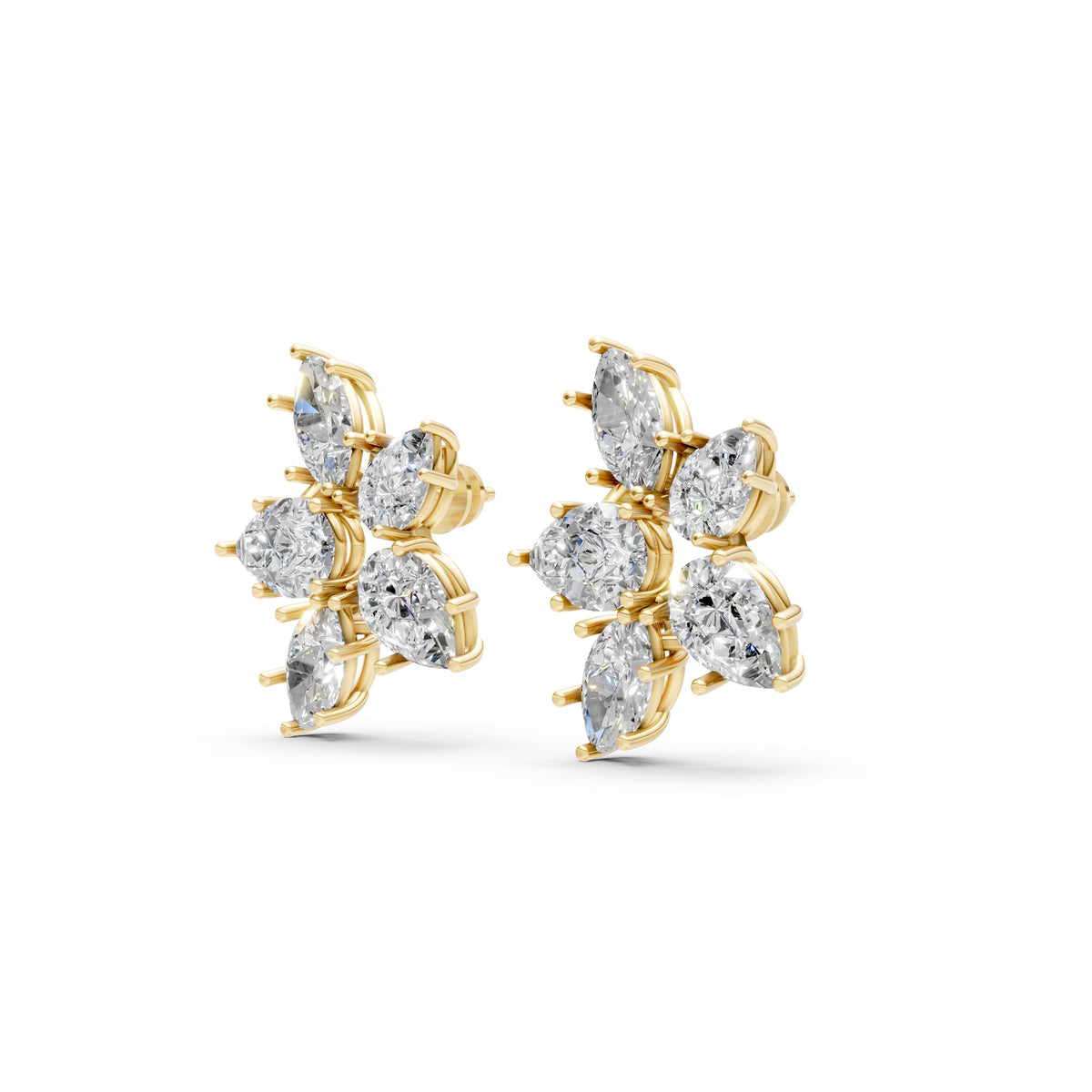 Marquise & Pear Cluster Floral Stud Earrings – 18K Gold-Plated Moissanite Diamonds Earrings