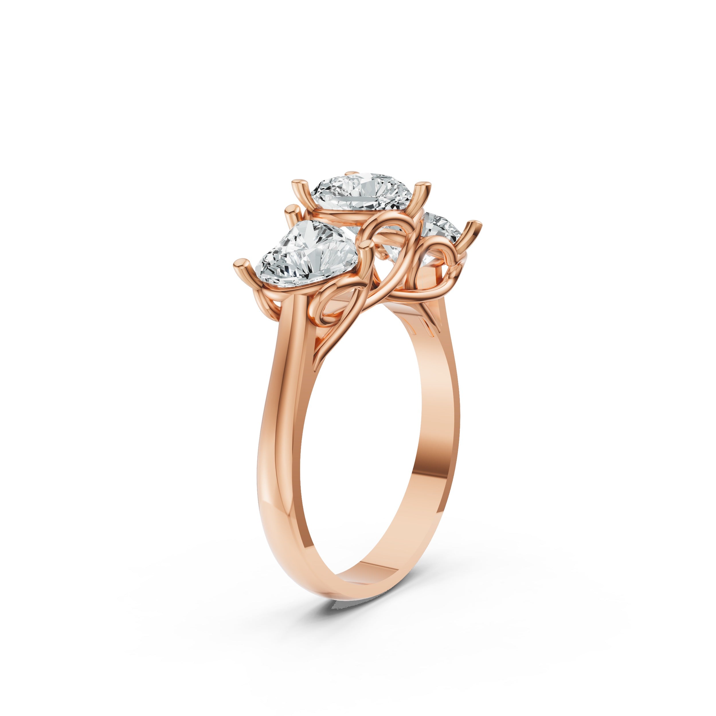 Trilogy Heart Cut Moissanite Diamond Ring in Rose Gold