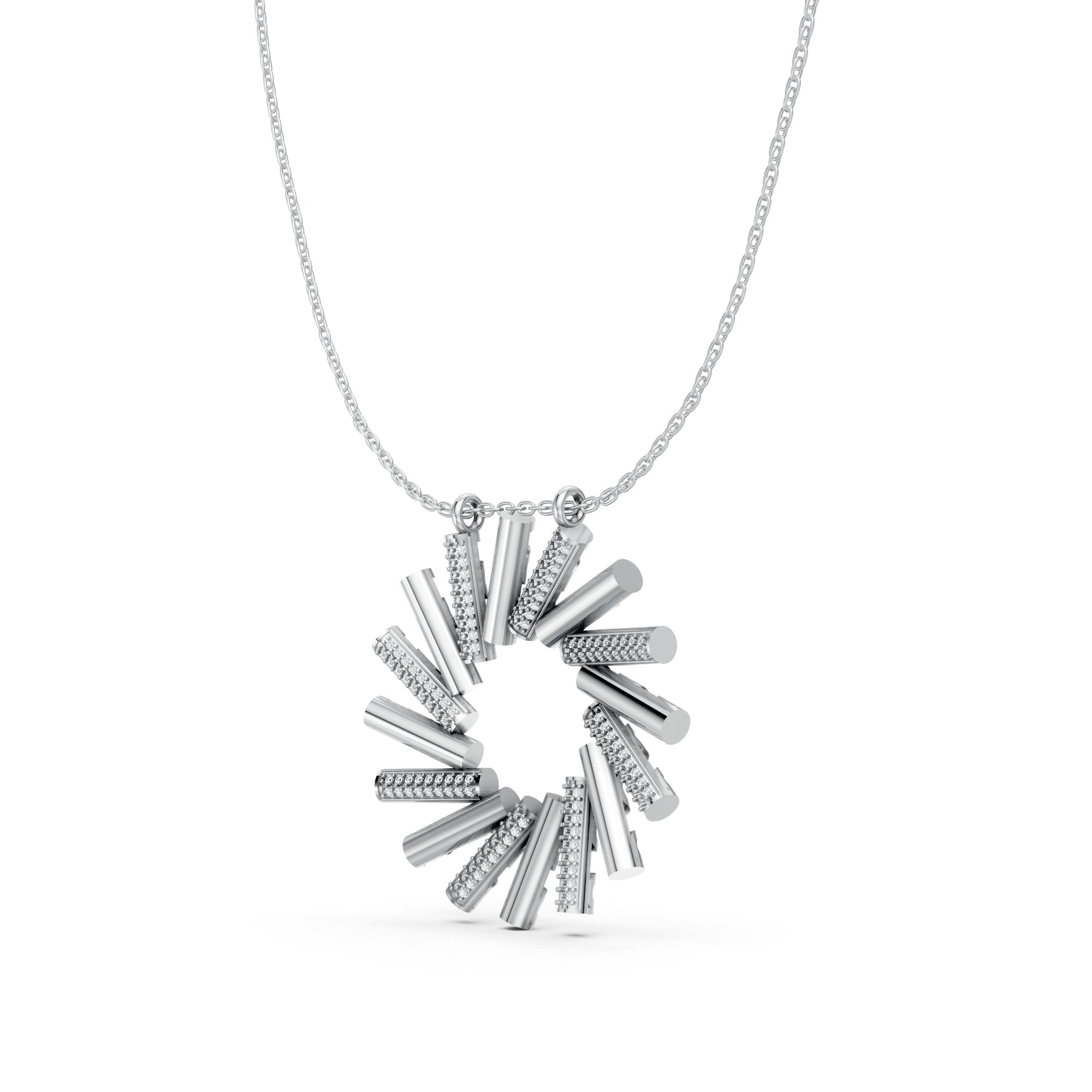 Silver Radiant Sunburst Pendant Necklace – Modern Cylinder Cluster Design