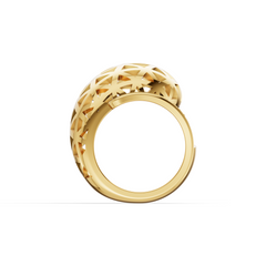Gold Artistic Wrap Ring with Cutwork Dome & Moissanite Diamonds Pavé Band