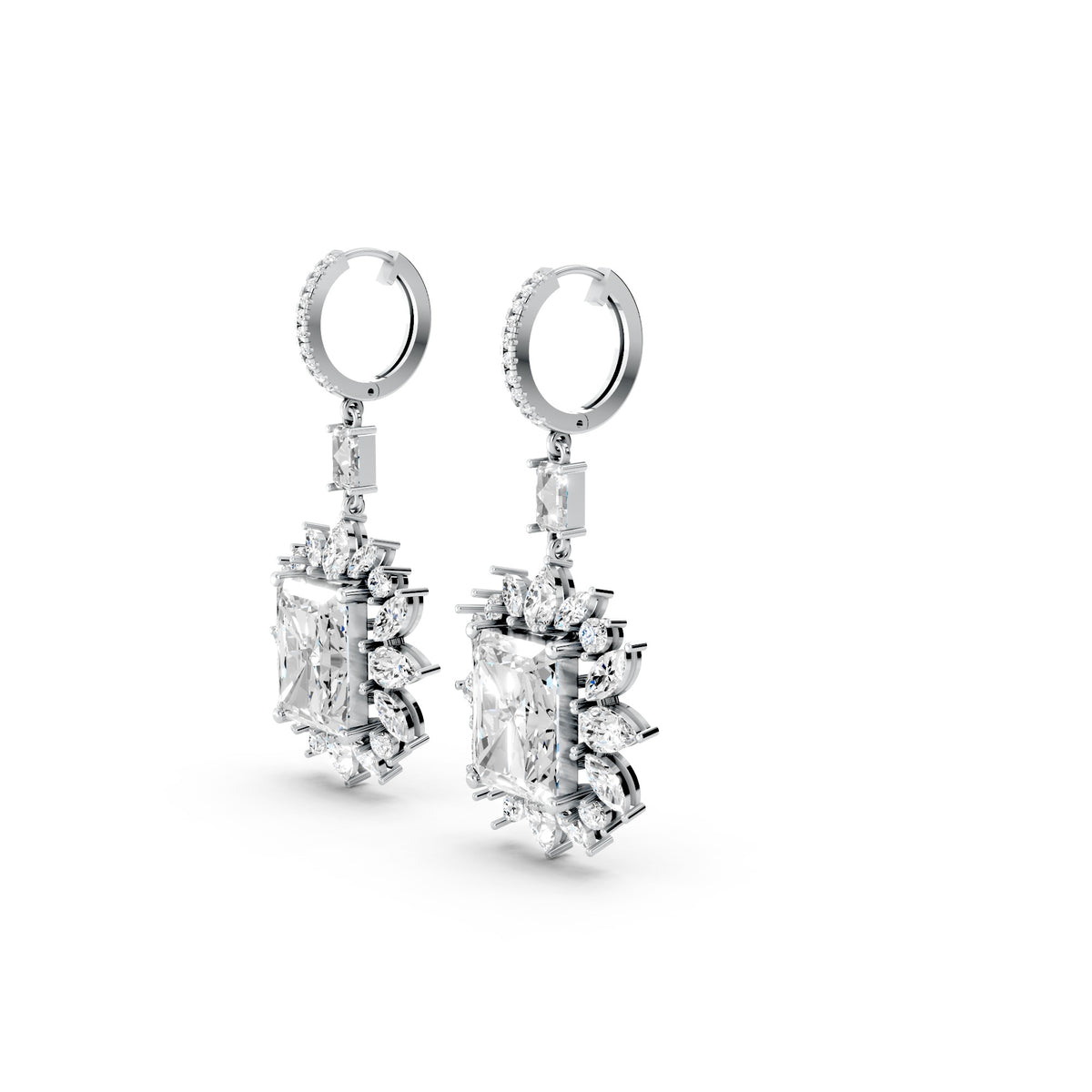 Radiant Emerald-Cut Halo Drop Earrings in Sterling Silver | Statement Bridal & Party Wear Danglers