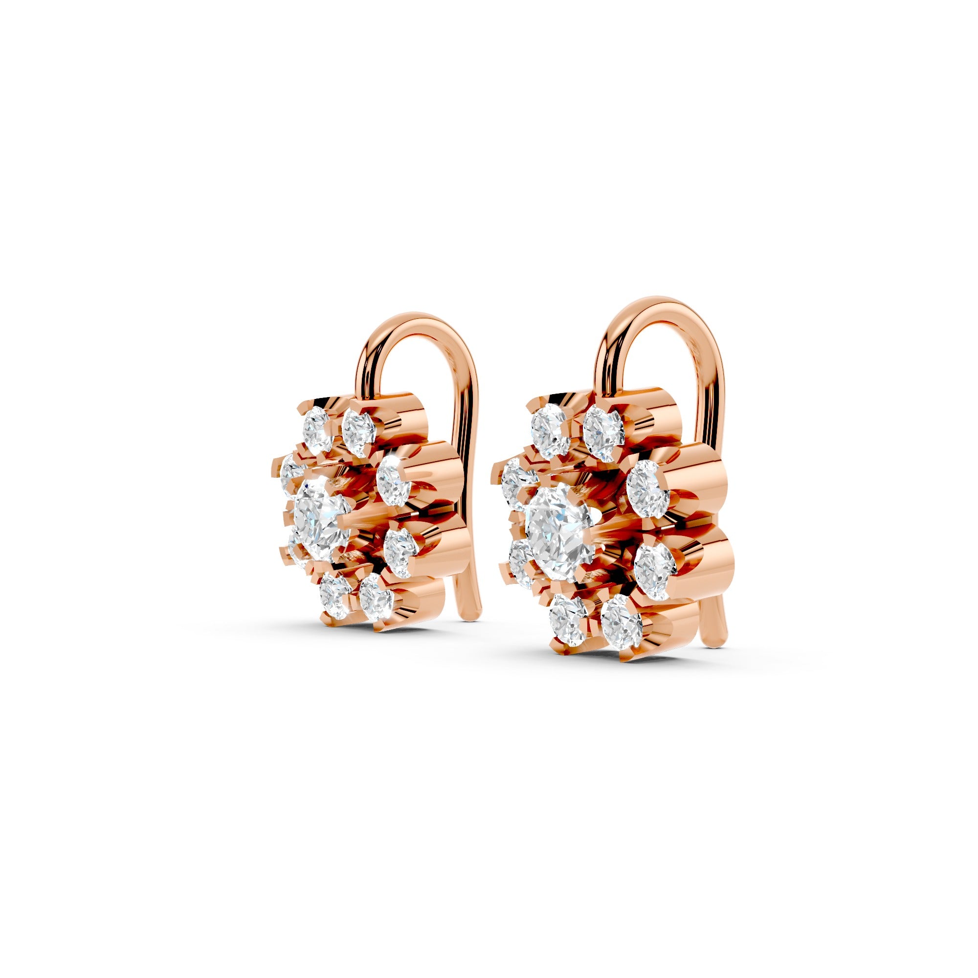 Rose Gold Floral Cluster Moissanite Diamond Stud Earrings – Halo Flower Design