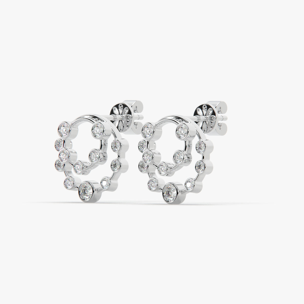 Radiant Double-Halo Moissanite Diamonds Circle Stud Earrings in Rhodium Finish