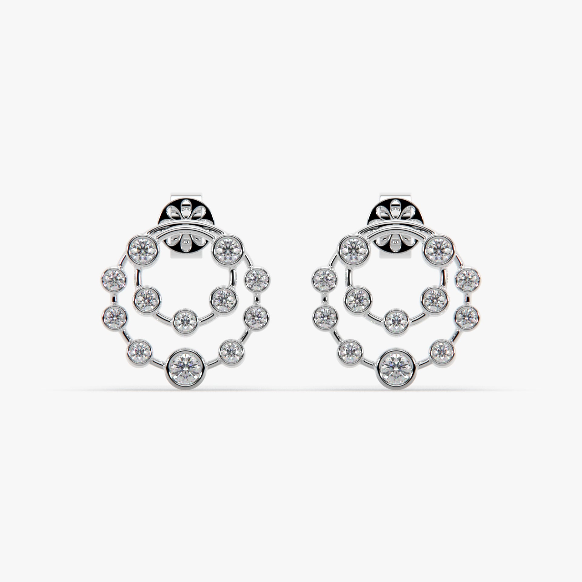Radiant Double-Halo Moissanite Diamonds Circle Stud Earrings in Rhodium Finish
