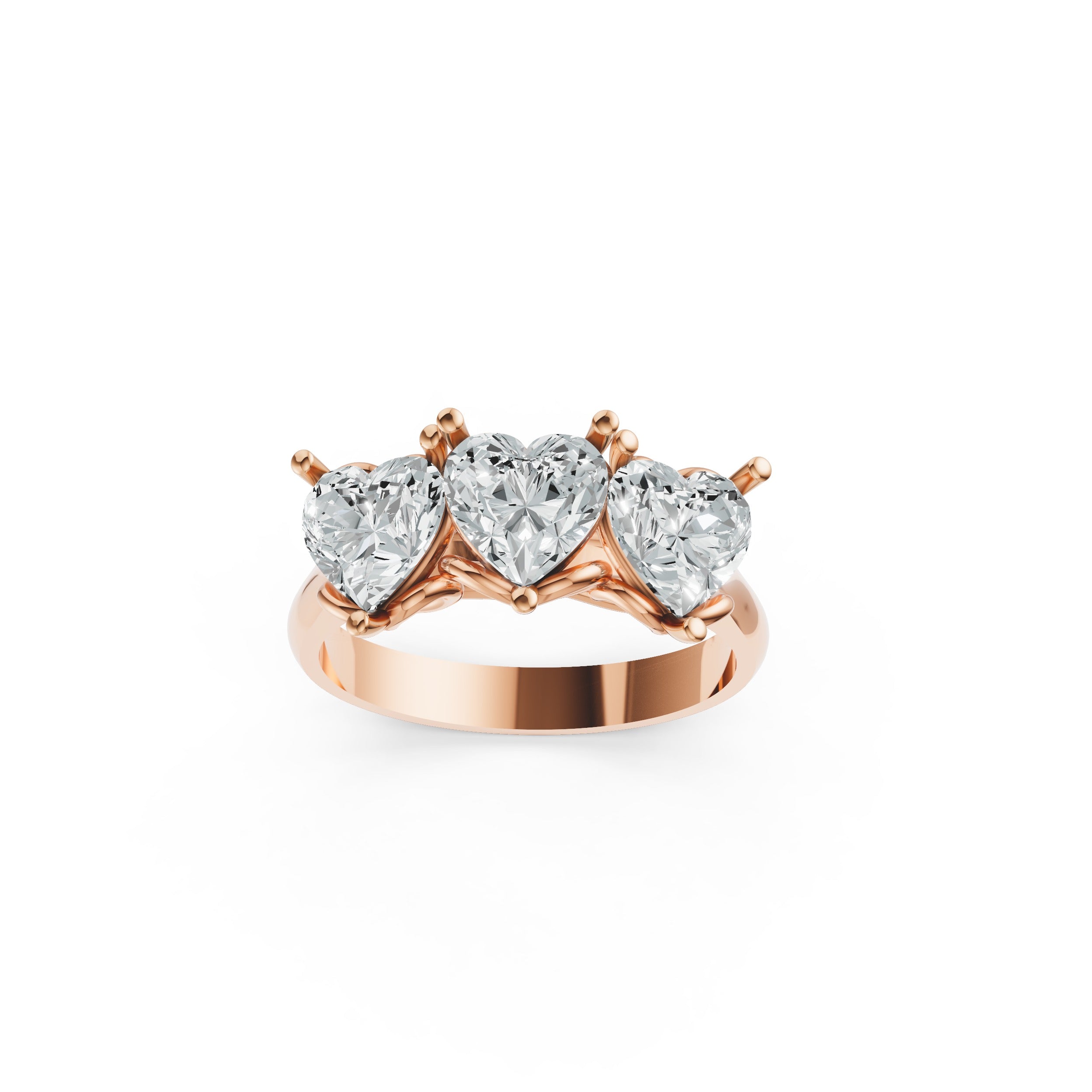 Trilogy Heart Cut Moissanite Diamond Ring in Rose Gold