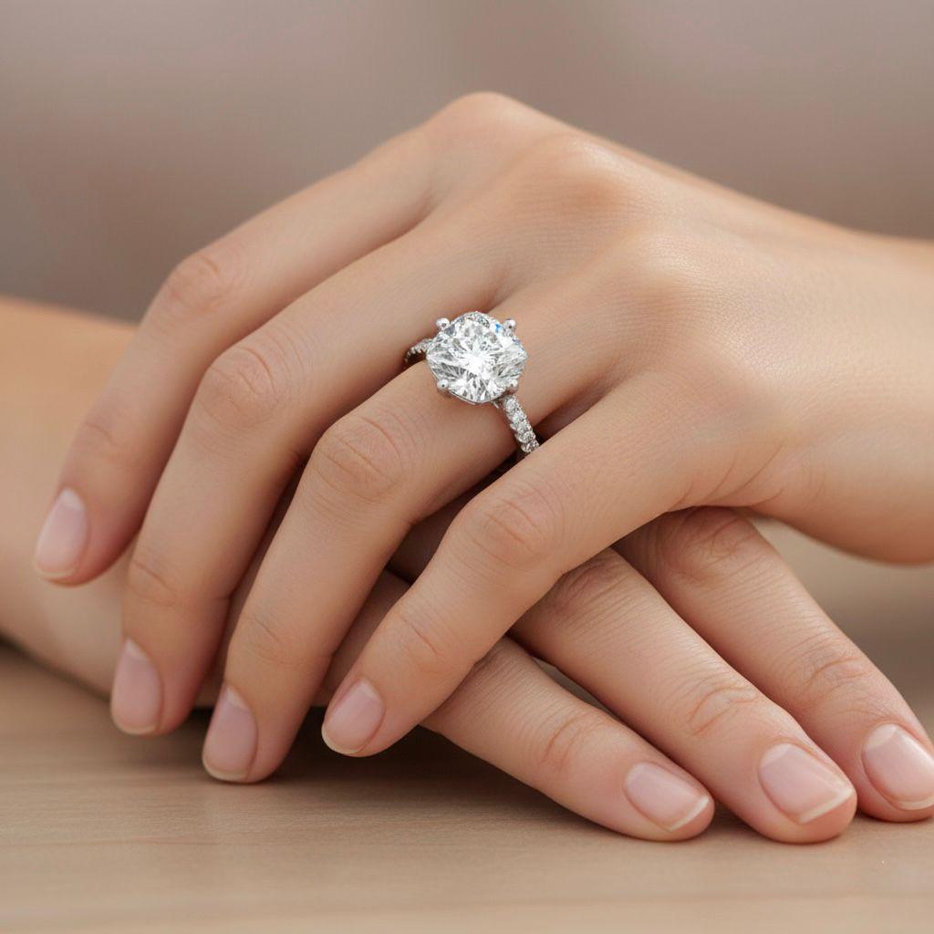 Cushion-Cut Solitaire Moissanite Diamond Ring with Pave Band in Premium Sterling Silver