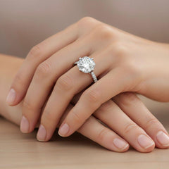 Cushion-Cut Solitaire Moissanite Diamond Ring with Pave Band in Premium Sterling Silver