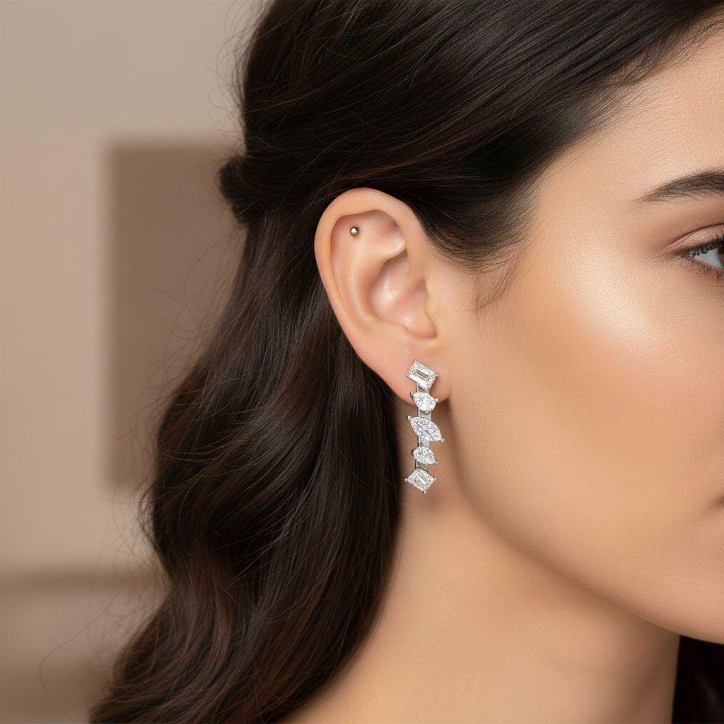 Luxury Multi-Shape Moissanite Hoop Earrings – White Gold Finish