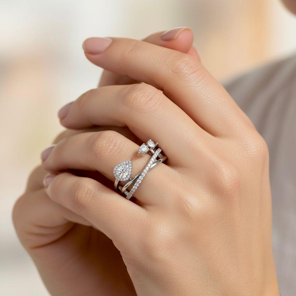 Multi-Layer Moissanite Open Ring – Dual Pear Cut & Pave Band Ring