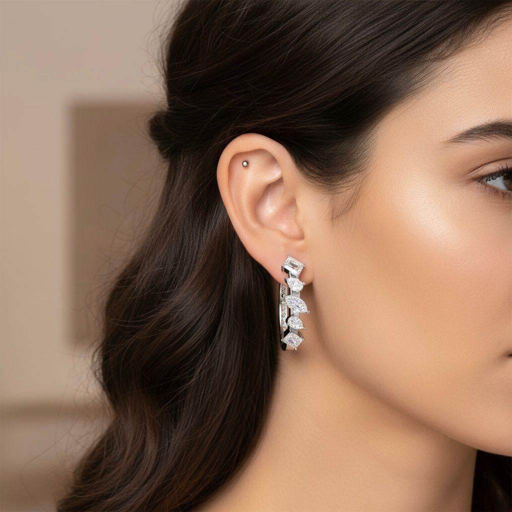 Luxury Multi-Shape Moissanite Hoop Earrings – White Gold Finish